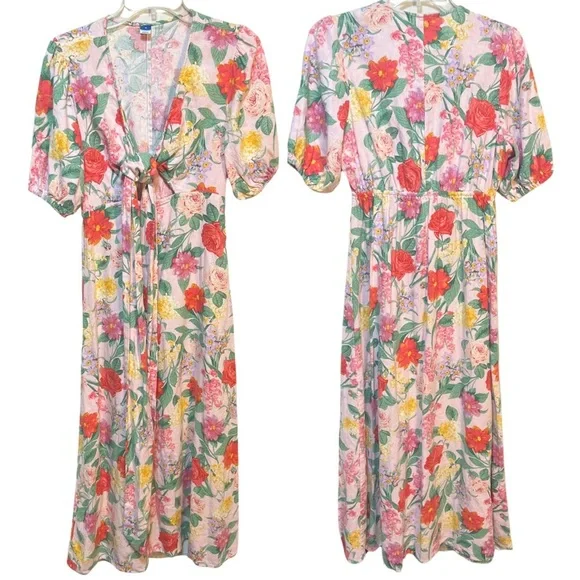 Old Navy Linen Floral Cottagecore Puff Sleeve Cut Out Midi Dress Size Medium - Picture 2 of 11